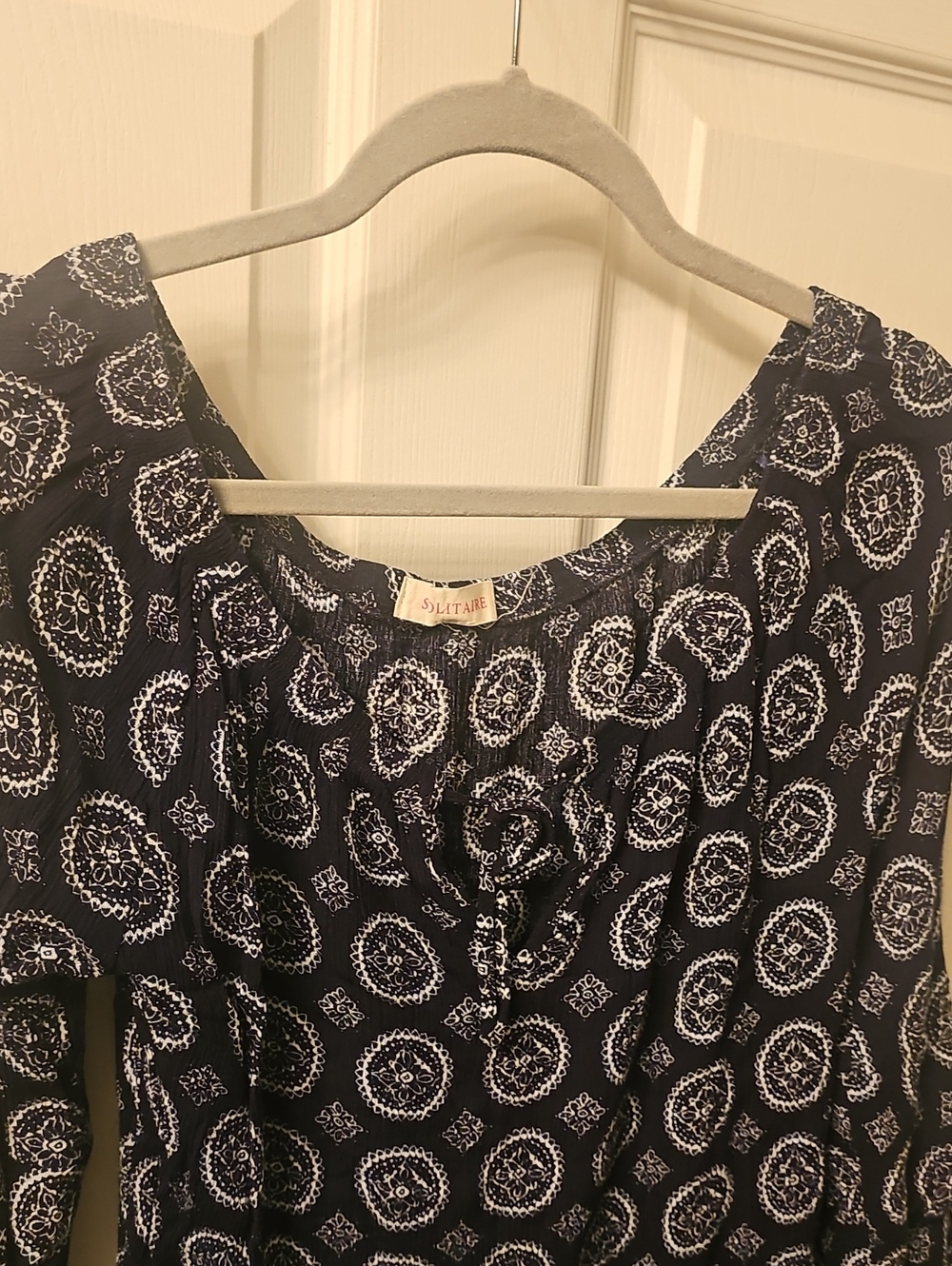Solitaire Navy Blue Printed Boho Top with White Medallion Pattern